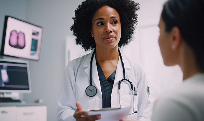 Healthcare professional reviewing mammogram results with patient to explain abnormal findings and next steps